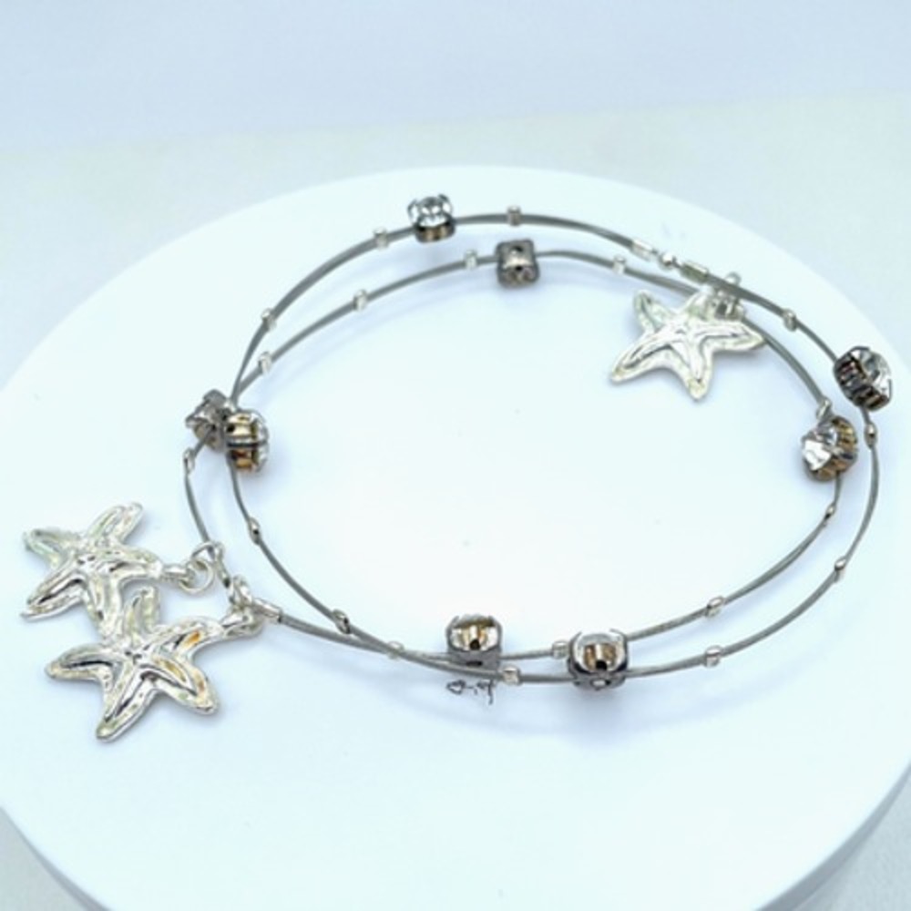 Vintage Silver-Tone Prong Starfish Affinity Double Strand Wire Bangle Bracelet